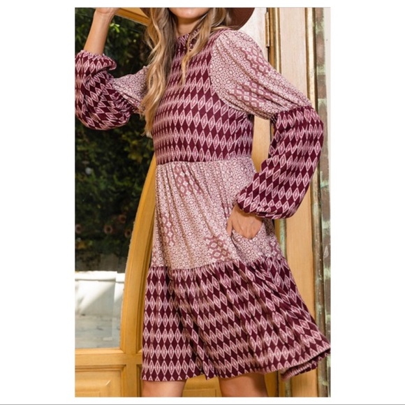 New Burgundy Puff Sleeve Multi Print Modest Fall Dress - Picture 2 of 5